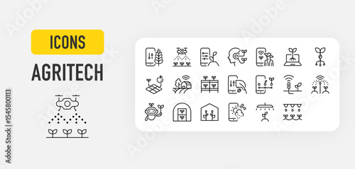 Agritech web icons in line style. Agriculture, Smart, Technology, Robot, Agricultural Field, Smart, Pest Control, Plant, Machine, App collection. Vector illustration.