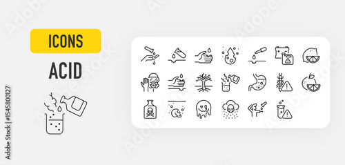 Acid web icons in line style. Danger, Skin Burns, Chemistry, Liquid, Drop, Chemistry, Fruit, Glasses, Danger, Plant, Chemistry, Acid, Rove Beetle collection. Vector illustration.
