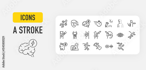 A stroke web icons in line style. Unsteady, Muscle, Disease, Timer, Weather, Stroke, Symptom, Plaques, Platelets, Disability, Heart, Car, Tired, Attack, Communication collection. Vector illustration.