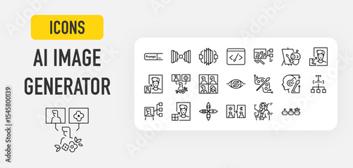 Ai image generator web icons in line style. Image, Machine Learning, Paint, Video, Photo, Super Resolution, Transfer, Eye, Art, Increase, Algorithm, Background, Update collection. Vector illustration.