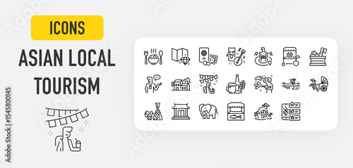 Asian local tourism web icons in line style. Food, Location, Money, Music, Travel, Market, Fruit, Transport, Animal collection. Vector illustration.