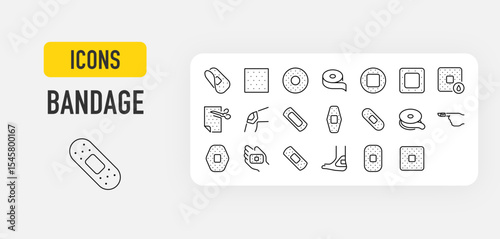 Bandage web icons in line style.  Easy, Circle, Tape, Bandage, Collagen Dressing, Square, Foam Dressing, Finger, Hand collection. Vector illustration.