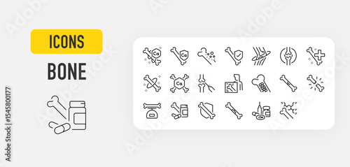 Bone web icons in line style. Healthy, Nutrients, Bone, Medical, Bone Mass, Bruise, Broken collection. Vector illustration.