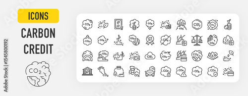 Carbon credit web icons in line style. Carbon Neutral, Calculate, Down, Trade, Absorbing, Badge, Smoke, Money, Increase, Global, Medal, Prohibited, Calculate collection. Vector illustration.