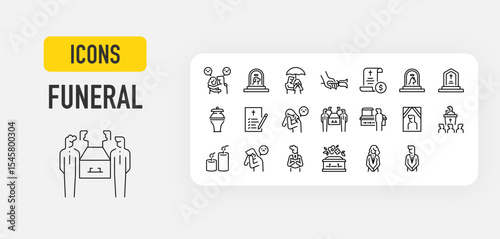 Funeral web icons in line style.  Care, Dog, Cry, Flower, Cat, Business, Monument, Dead, Paper, Death, Mourn, Photo, Religious, Light, Crying, Memorial collection. Vector illustration.