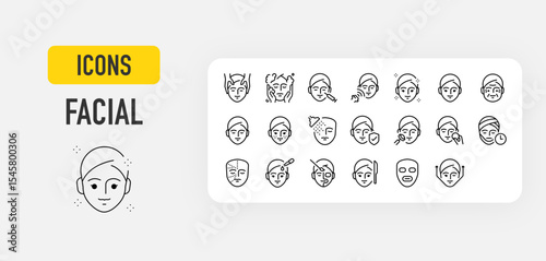 Facial web icons in line style.  Face, Healthy, Woman, Old, Happy, Washing, Surgery, Mark collection. Vector illustration.