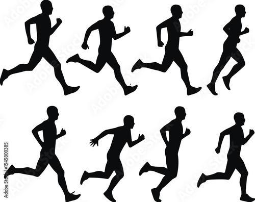 Set of Eight Running Man Silhouettes in Various Poses, Representing Fitness, Sport, Exercise, Sprinting, Marathon, Active Lifestyle, and Healthy Outdoor Activities in a Dynamic Vector Collection.