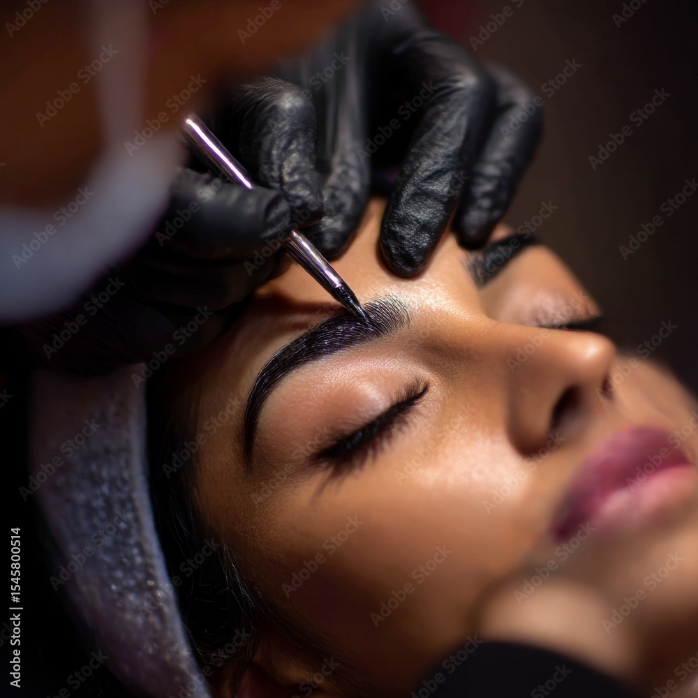 Obraz premium beautician- makeup artist applies paint henna on previously plucked, design, trimmed eyebrows in a beauty salon in the session correction. Professional care for face.