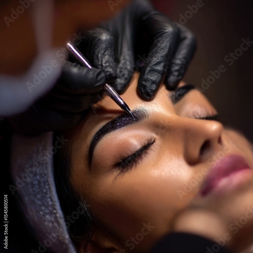 beautician- makeup artist applies paint henna on previously plucked, design, trimmed eyebrows in a beauty salon in the session correction. Professional care for face.