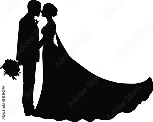 Silhouette of a Romantic Bride and Groom Kissing, with the Bride Holding a Bouquet and Wearing a Flowing Gown, Symbolizing Wedding, Love, Marriage, and Romance on Their Special Day.