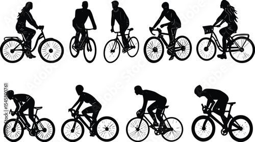 Collection of Diverse Cyclist Silhouettes Riding Various Bicycles, Including Road and City Bikes, Representing Sports, Fitness, Recreation, Sustainable Transportation, and Healthy Outdoor Lifestyles.