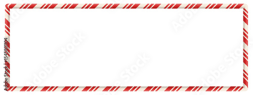 Candy cane rectangular frame with red striped pattern. Spiral ribbon shape forms holiday border for banner, card, or photo. Seamless cartoon element in winter theme. Vector illustration.