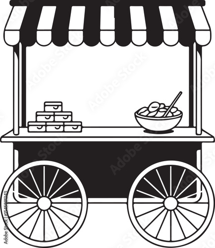 Street food cart vector with wheels, canopy, bowl and boxes for festival fair, snack stand and vendor business illustration
