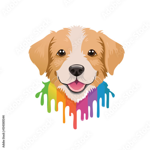 Smiling Puppy Face Vector Portrait in Colorful Artistic Watercolor Style on White.
