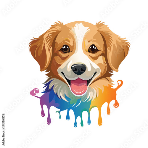 Smiling Puppy Face Vector Portrait in Colorful Artistic Watercolor Style on White.