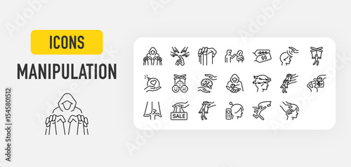 Manipulation web icons in line style. Mind, Mental, Control, Marriage, Offer, Behavier, Dark Psychology, Wavering In Mind, Marketing, Hand, Bait collection. Vector illustration.