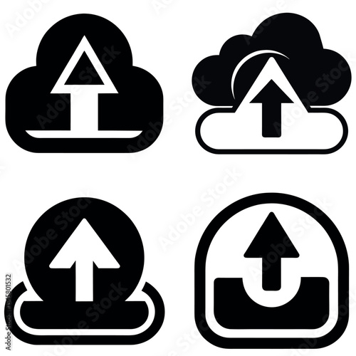 Four Different Black and White Cloud Upload Icons with Arrows Pointing Upward Design