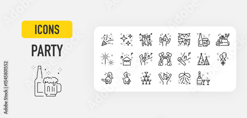 Party web icons in line style. Congratulate, Stars, Music, Happy, Drink, Balloon, Man collection. Vector illustration.
