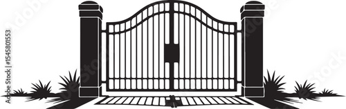 Ornamental iron gate silhouette with royal spiked tops and symmetrical structure for luxury entrance, palace and estate design