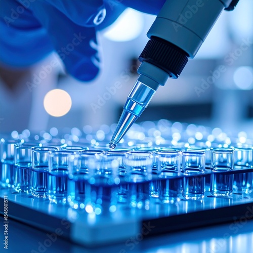 Pipetting sample into micro well plate while doing research on biotechnology.