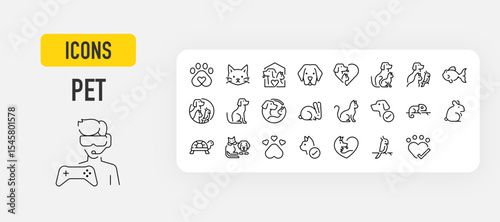 Pet web icons in line style. Animal, Dog, Home, Shelter, Mouse, cat collection. Vector illustration.