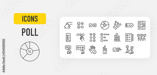 Poll web icons in line style. Right, Chart, Check, Select, Test, Mobile, Data, Hand collection. Vector illustration.