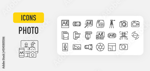 Photo web icons in line style. Camera, Video, Audio, Glass collection. Vector illustration.