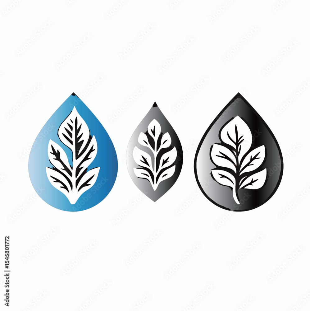 Fototapeta premium Three stylized droplets with leaf designs in blue, black, and gray.
