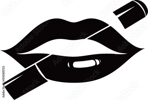 Stylized black silhouette of lips holding a lipstick.