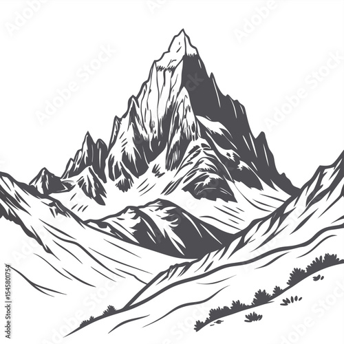 Stylized monochrome mountain peak illustration vector graphic design