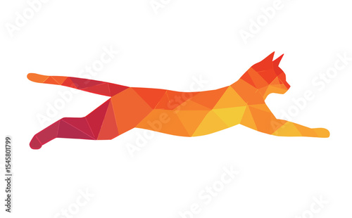 A vibrant geometric illustration of a leaping cat in shades of orange and red.
