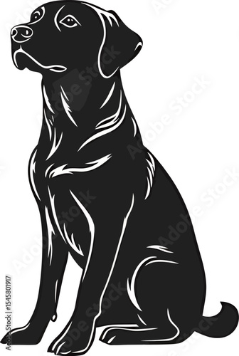 Sitting black dog illustration with a sleek silhouette and alert expression.