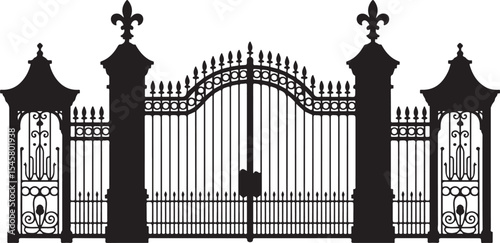 Ornamental iron gate silhouette with royal spiked tops and symmetrical structure for luxury entrance, palace and estate design