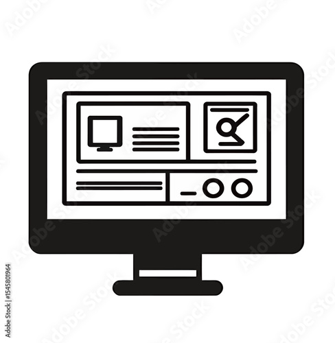 Black and white icon of a computer monitor displaying a user interface.