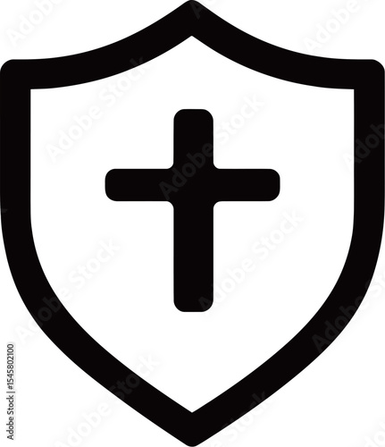 A bold black shield emblem featuring a central cross symbol.