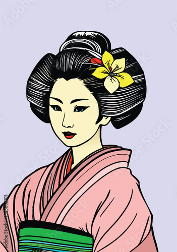 036-13-Portrait of a geisha wearing a traditional japanese kimono and hairstyle, adorned with a yellow flower