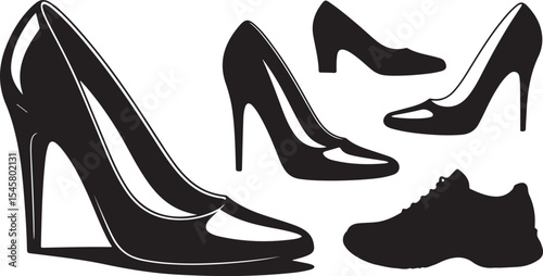 Fashionable black high heel and casual shoe silhouette set showcasing elegant footwear collection for women’s retail design
