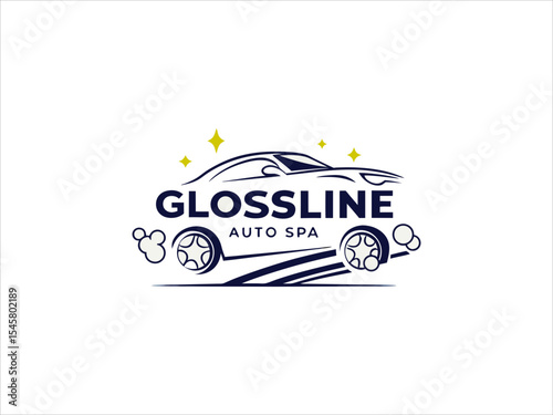 Glossline Auto Spa Logo V E C T O R Car Illustration White Car Dark Blue Text Yellow Stars Clean Car Detailing