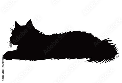 Silhouette of a relaxed cat lying down in profile view.