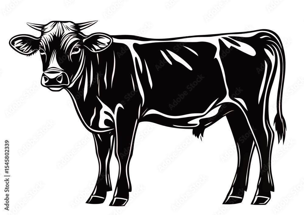 Fototapeta premium A black and white silhouette of a standing cow, showcasing its smooth contours.