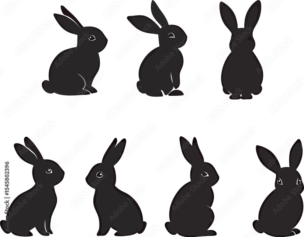 Fototapeta premium Silhouettes of black rabbits in various poses on a white background.