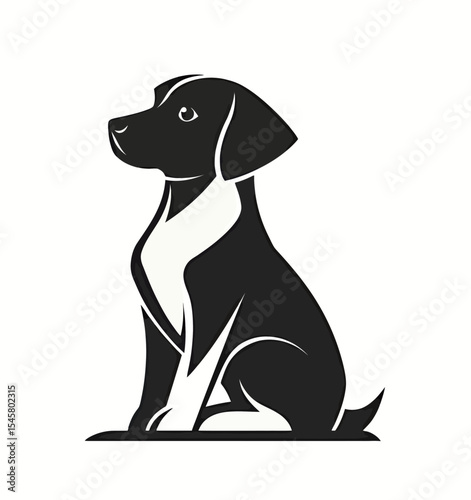 A stylized black and white silhouette of a sitting dog.