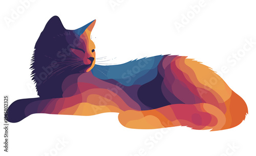 Stylized illustration of a serene cat in vibrant colors.