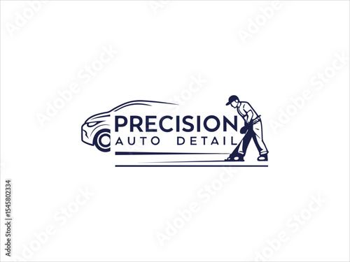 Navy Blue V E C T O R Logo Precision Auto Detail Car Cleaning Service Illustration Man Cleaning Car Detailing Business Branding