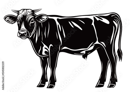 A black and white silhouette of a standing cow, showcasing its smooth contours.