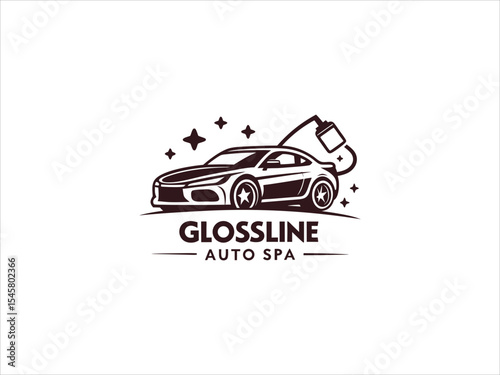 Glossline Auto Spa Logo Dark Brown Sports Car Detailing V E C T O R Illustration White Background Star Design