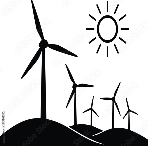 Black and White Silhouette of Wind Turbines on Hills Under the Sun, Symbolizing Renewable Energy, Green Power Generation, Sustainable Future, and Eco-Friendly Solutions for Clean Electricity.
