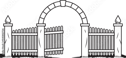 Decorative picket fence with arched gate line art representing garden entrance, home boundary and rustic countryside themes