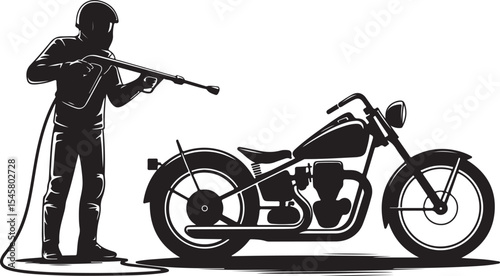Biker silhouette spraying motorcycle with pressure hose in garage setting representing vehicle cleaning and maintenance themes