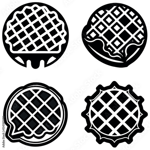 Four Black and White Waffle Graphics with Drips and Decorative Borders on White Background